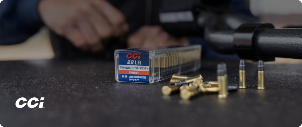 CCI Standard Velocity ammo box and cartridges on a table