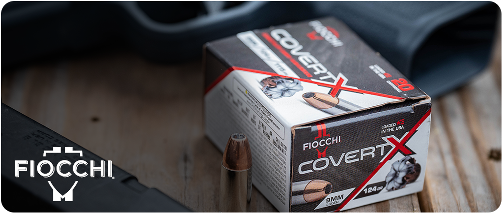 Fiocchi CovertX on a table with a handgun; Fiocchi logo